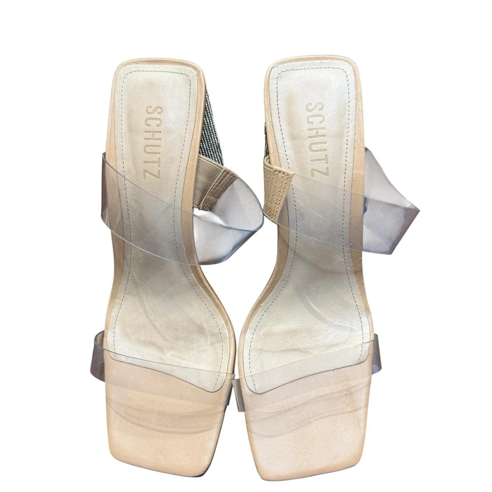 Schutz Shoes Womens Size 8 Beige Vinyl Ariellen Wedge Slide‎ Sandals Rhinestone